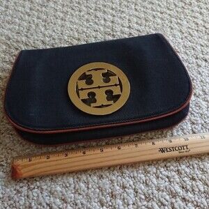Tory Burch dark blue Canvas with leather Trim Clutch